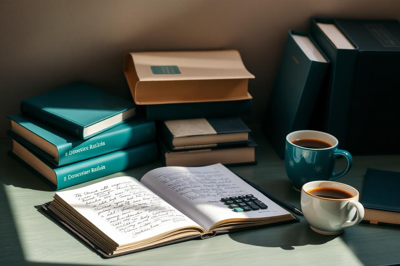 Mesa de estudos com livros, caderno de anotações e uma calculadora