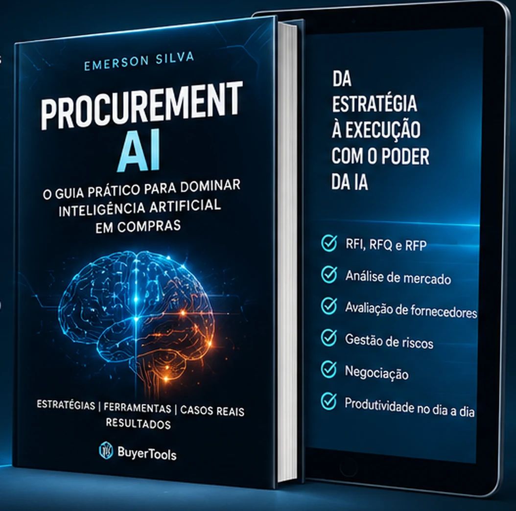 Capa 3D da Cartilha digital Procurement AI, de Emerson Silva, ao lado de um tablet exibindo os temas cobertos: RFI, RFQ e RFP, análise de mercado, avaliação de fornecedores, gestão de riscos e negociação.